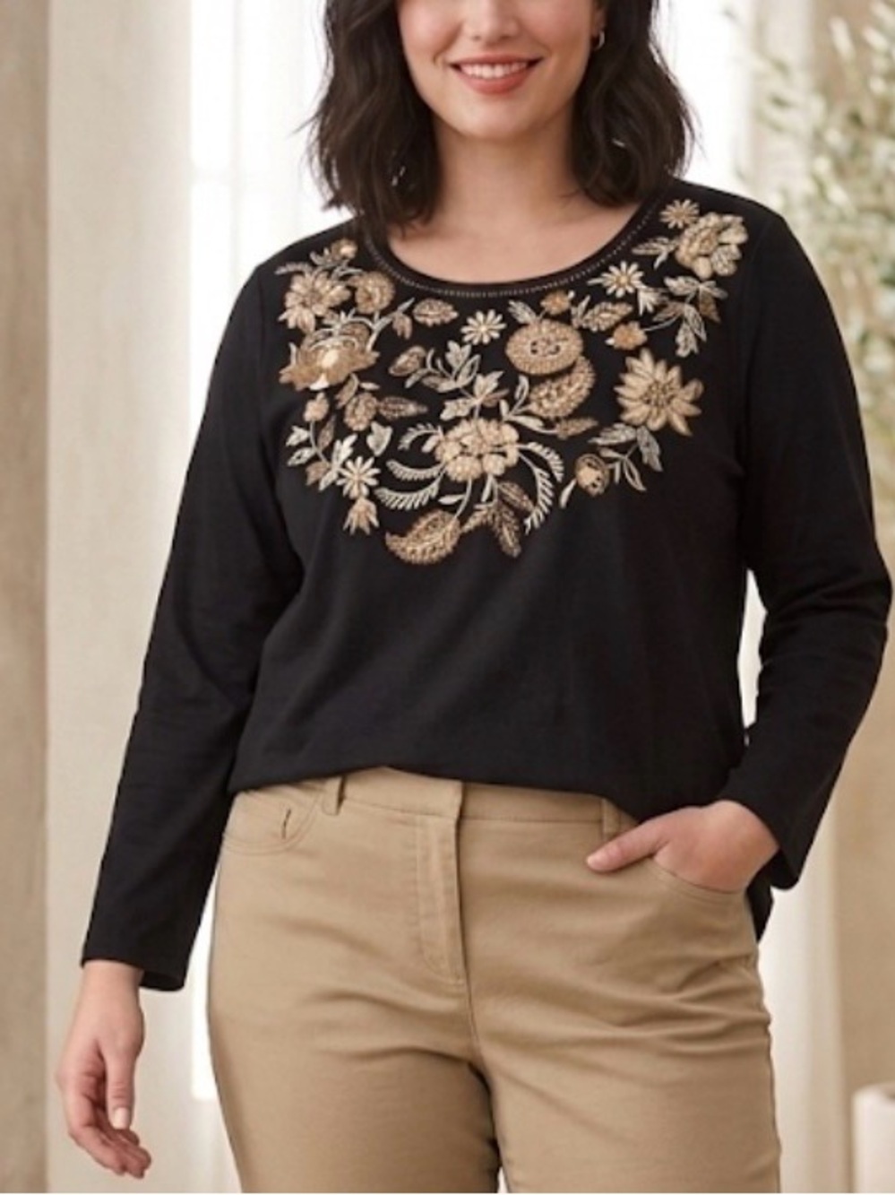 J Jill Black Gold Floral Embroidered Long Sleeve Top XL